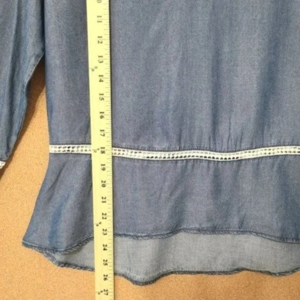 Madeline & Monroe Blouse Blue Chambray, Bell Sleeves Top Size S
